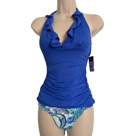Ralph Lauren Tankini Swim Size 6 Halter Top Print Bottom NWT Blue Ruffle Print B - Picture 1 of 12